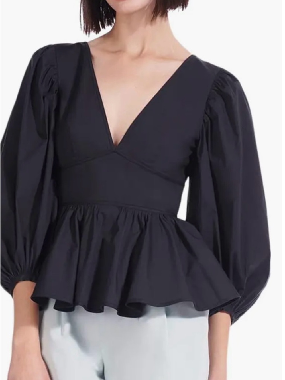 Staud Luna Black V-Neck Peplum Puff-Sleeve Top